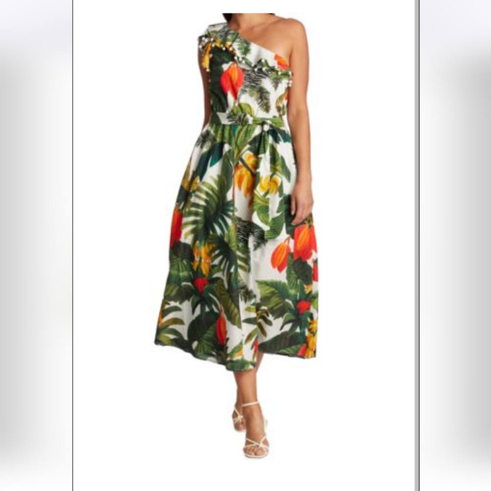 Farm Rio Cocoa Forest One Shoulder Midi Dress